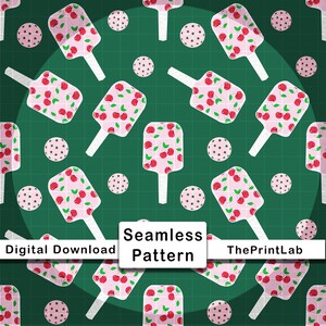 May include: Seamless pattern featuring pink popsicles with red cherries and green leaves on a white background. The popsicles are scattered across a dark green grid background, along with pink polka dot circles. Text reads "Digital Download", "Seamless Pattern", and "ThePrintLab".