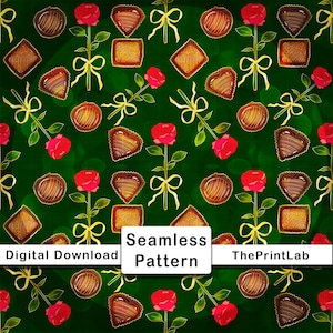 Stampa su tessuto floreale con motivo senza cuciture di cioccolatini e rose per San Valentino (download digitale) Surface Design