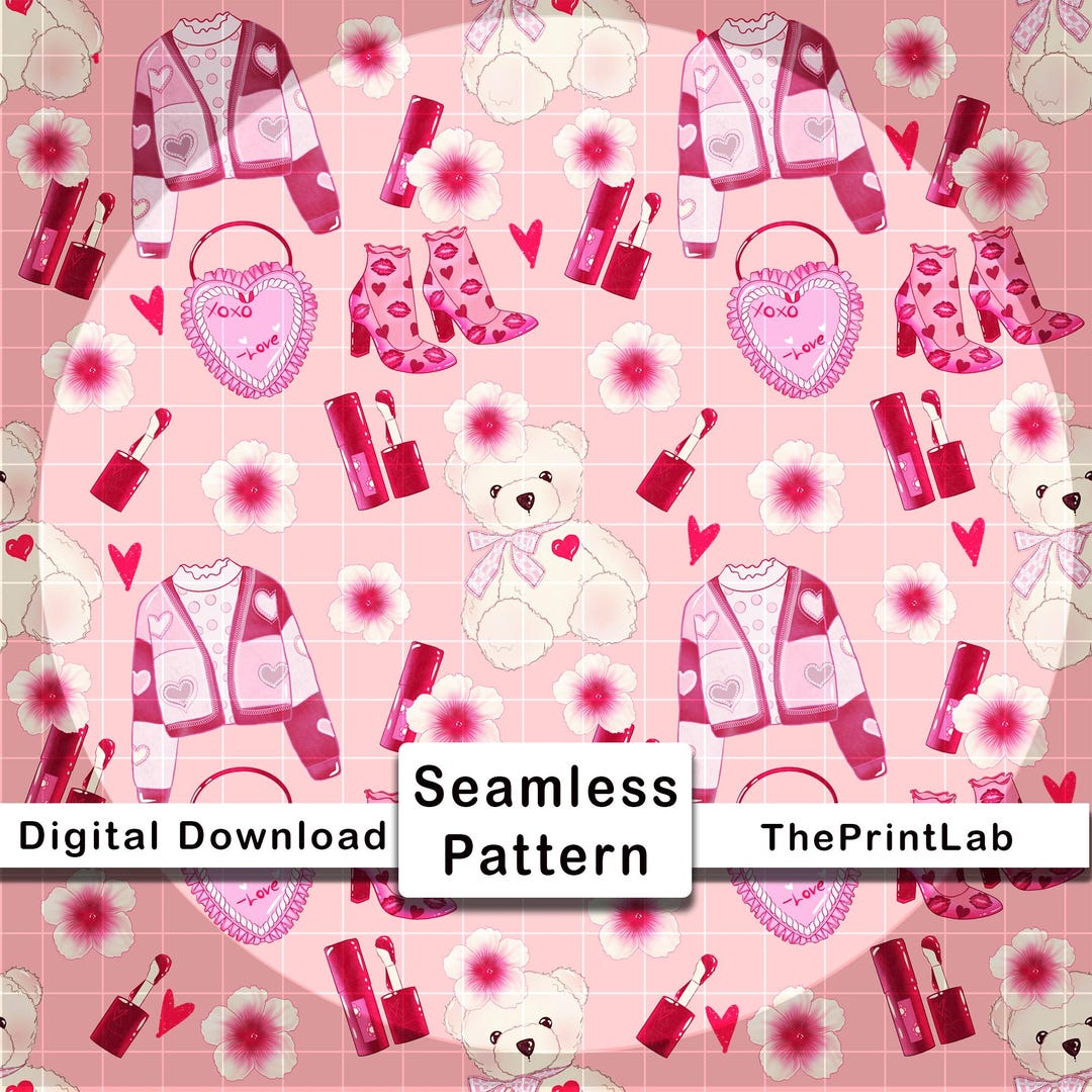 Pink Bow Teddy Bear Valentines Seamless Floral Pattern (digital ...