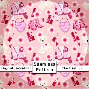 Pink Bow Teddy Bear Valentines Seamless Floral Pattern (Digital Download) Cozy Sweater, Commercial Use