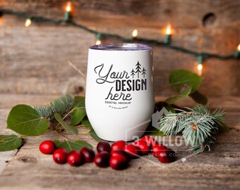 Christmas Barnwood and Lights Wine Tumbler Mockup, Holiday Scene Sublimation Wine Tumbler Mock Up| JPG | Smart Object | Digital Download