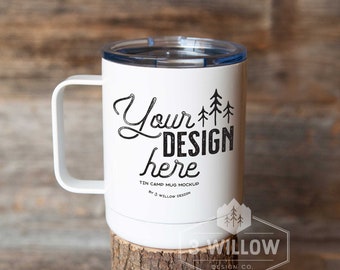 10 oz white sublimation stainless steel Coffee Mug with Handle Vertical Mockup | Barnwood | JPG + Smart Object | Digital Download