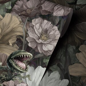 May include: Wallpaper with a floral design, featuring large flowers in cream, tan, and mauve against a dark green backdrop. The design includes a carnivorous plant with an open mouth. The wallpaper is partially rolled, revealing the pattern.