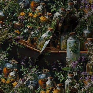 May include: A detailed illustration of glass apothecary jars filled with herbs and flowers. The bottles, sealed with corks, are set amongst vibrant greenery and blooms, including yellow and purple flowers. The image suggests natural remedies and botanical themes.