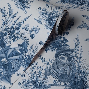 Funky Western Cowboy Vogel Toile Tapete | Waldtier Blaues Vintages Schälen und Stock Wandbild