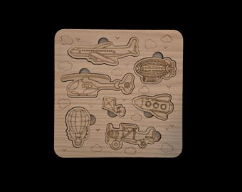 Wooden Aircraft Transportation Puzzle Board, 6 Pieces with Hot Air Balloon, Airplane, Helicopter