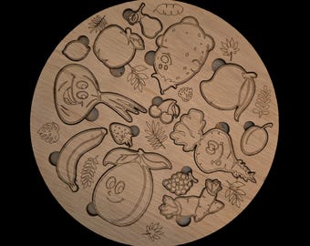 Wooden Fruit and Vegetable Puzzle Board, Kids Learning Toy with Carved Designs