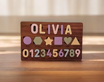 Personalized Wooden Name, Shape and Number Learning Puzzle Board, Educational Toy for Kids