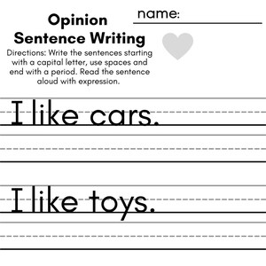 Kids Sentence Writing Worksheets for Teachers With Opinion Writing
