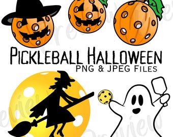 Halloween Pickleball Clip Art Bundle of Ghosts Witches and Pumpkins with Ghost Pickleball Player Pickleball Pumpkin with Witch Hat PNG JPEG