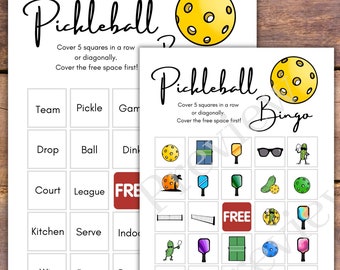 2 Sets of Printable Pickleball Bingo Game Bundle with Colorful Pickle Ball Images and Words for a Party Game for Kids and Adults