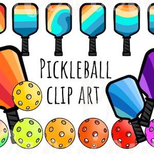 Pickleball Clip Art Pickle Ball Paddel und Kugeln in RegenbogenFarben und Konturen PNG und SVG Dateien für kommerzielle Nutzung in einem größeren Design