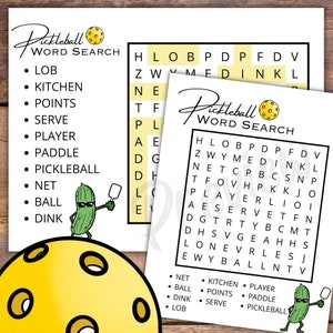 May include: A printable pickleball word search puzzle featuring a cartoon pickle holding a paddle. The puzzle includes the words "lob", "kitchen", "points", "serve", "player", "paddle", "pickleball", "net", "ball", and "dink".