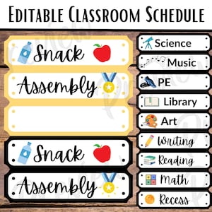 Klassenzimmer Stundenplan Karten Vorlage Bearbeitbar auf Canva Tagesablauf mit Musikbibliothek und PE-Etiketten für Lehrer Back to School Class Decor