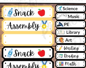 Plantilla editable en Canva para tarjetas de horario de clase. Horario diario con biblioteca de música y etiquetas de educación física para profesores. Decoración de aula para la vuelta al cole.