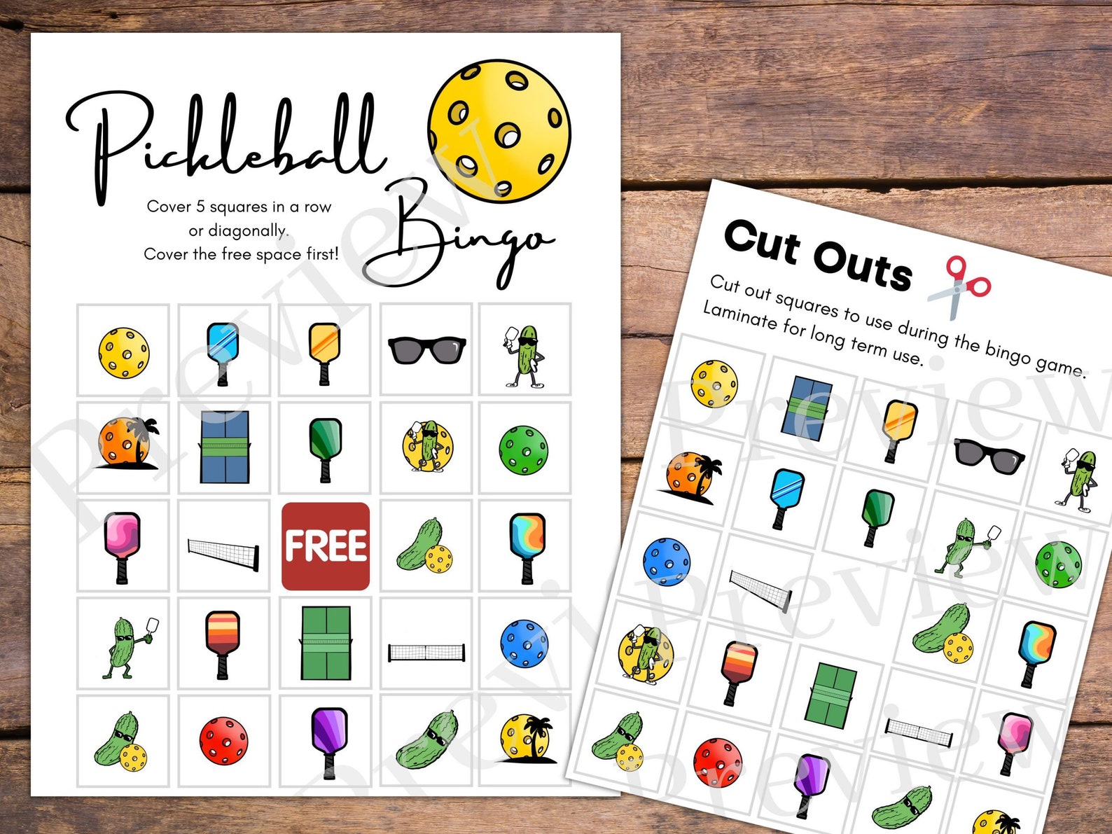Printable Pickleball Bingo Game With Colorful Pickle Ball Images for a