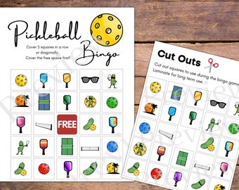 Printable Pickleball Bingo Game with Colorful Pickle Ball Images for a Party Gamefor Kids and Adults with 7 Cards