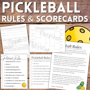 Bundle of Pickleball Rule Poster and Pickleball Scoresheet with Brackets for a Tournament or Game Scorecards and Awards for Players