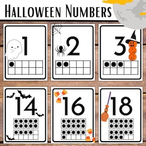 May include: Halloween-themed number cards with a ten frame for counting. The cards feature numbers 1, 2, 3, 14, 16, and 18. Each card has a Halloween-themed image, such as a ghost, spider, pumpkins, bats, candy corn, and a broom.
