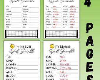 Fun Pickleball Game with 2 Pickleball Word Scramble Levels Printable Pages for Pickleball Parties and Camps