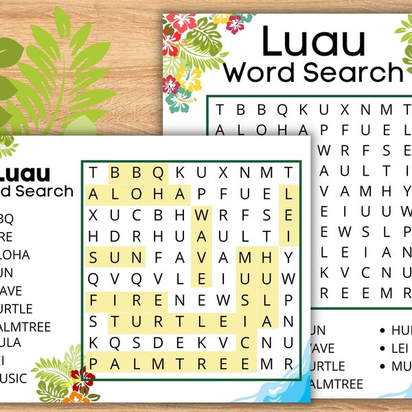 Printable Aloha Word Search Game with Colorful Beach Images for a Hawaiian Luau Party Game for Kids and Adults