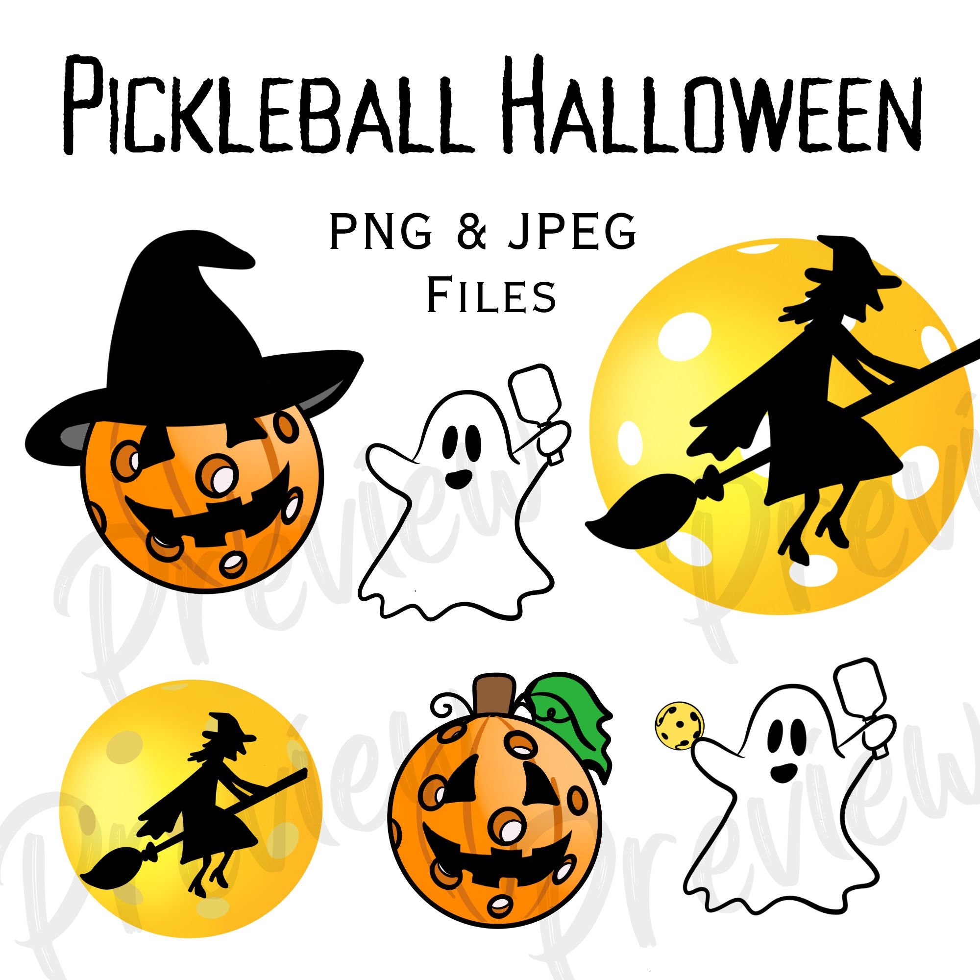 Halloween Pickleball Clip Art Ghosts Witches and Pumpkins for
