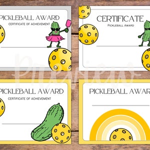 Pickleball Award or Certificate with Pickleballs and Pickle Players for Camp Completion Tournaments Games or Awards Funny or Simple