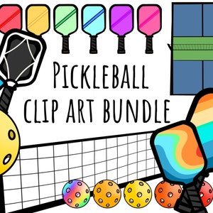 Pickleball Clip Art MEGA Bundle for Commercial Use in a Greater Design Pickle Ball Paddles Balls Nets in Rainbow Colors and Outlines PNG