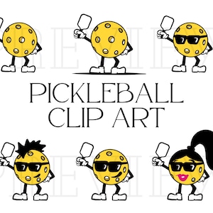 Funny Pickleball Clip Art for Commercial Use PNG Files Yellow Pickleball Ball Player with Sunglasses and Style