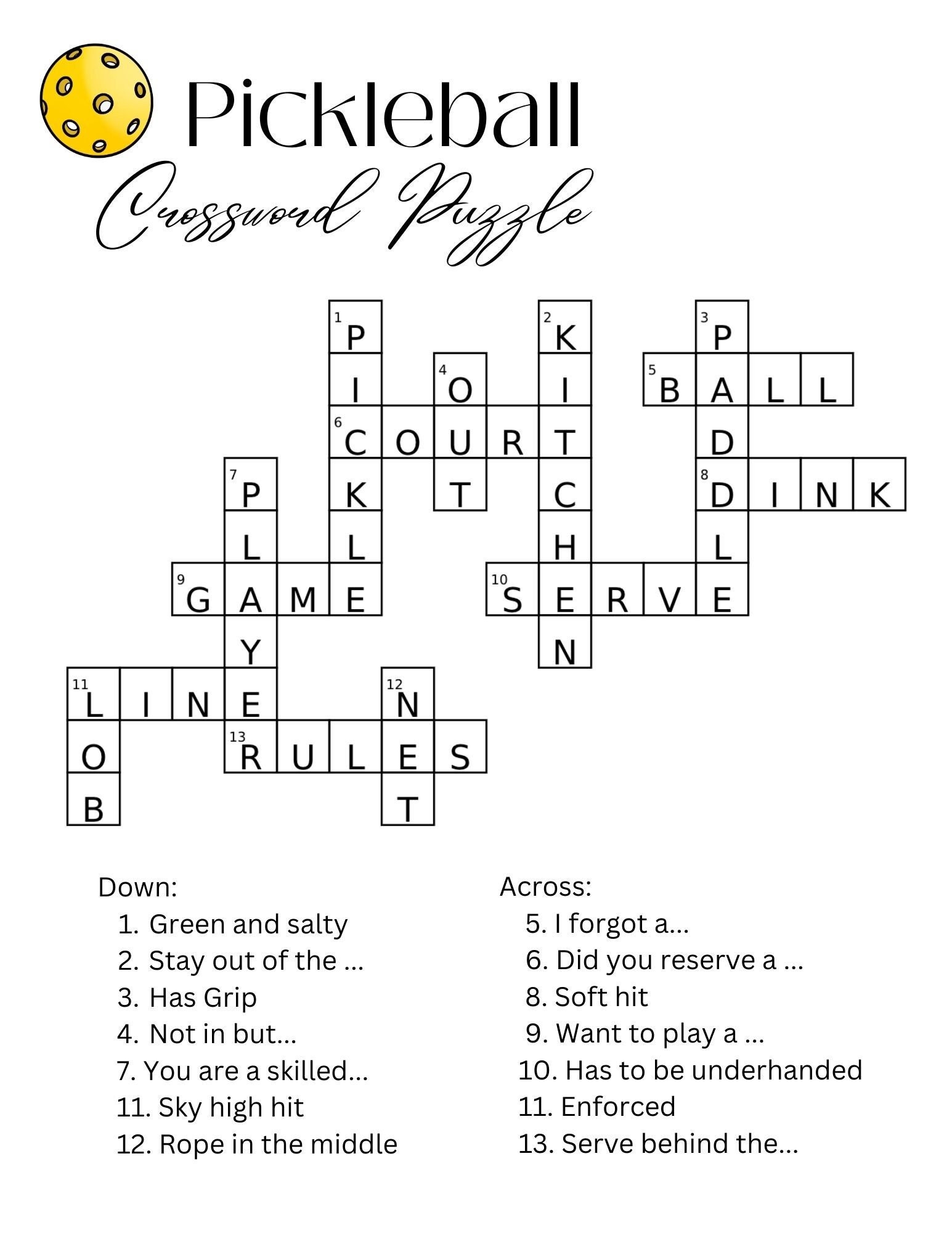 Pickleball Crossword Puzzle Game for a Pickleball Party or Camp Pickleball Crossword Puzzle Game for a Pickleball Party or Camp