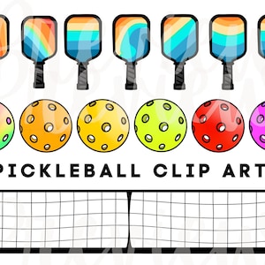Clip Art Bundle of Pickleball Designs for Commercial Use Pickle Ball Paddles Balls and Nets in Rainbow Colors and Outlines PNG Download