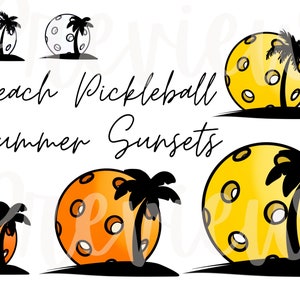 May include: A graphic design featuring a yellow and orange sunset with a palm tree silhouette. The sunset is a stylised pickleball with holes. The text "Beach Pickleball Summer Sunsets" is written below the image.