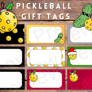 Christmas Pickleball Gift Tags with Colorful Holiday Options to Download Print and Cut Out for Pickleball Presents.