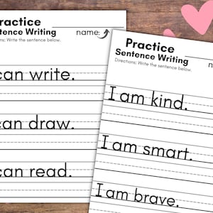 Printable Sentence Worksheets, Affirmation Sentences for K-2nd ELA Handwriting Teaching Tools I can, I am Sentence Starters and Lined Paper