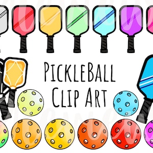 Pickleball Clip Art PNG Files for Commercial Use in a Greater Design Pickle Ball Paddles and Balls in Rainbow Colors and Outlines