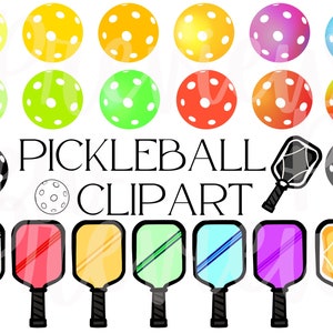 Pickleball Clip Art in Rainbow Colors and Black Outlines Pickleball Balls and Paddles for Commercial Use Sport Art