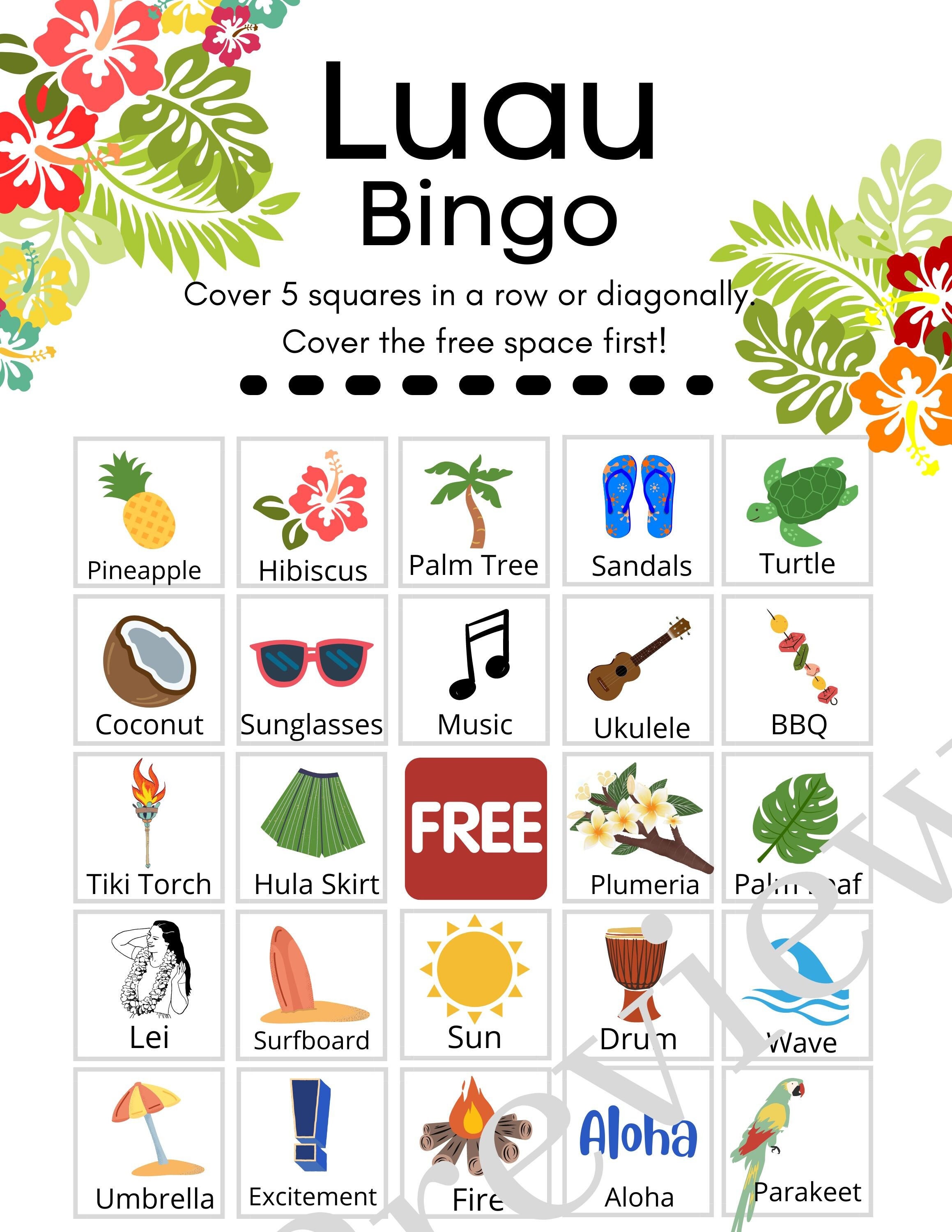 Printable Luau Bingo Game With Colorful Beach Images for a Hawaiian