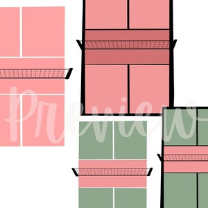 Pickleball Clip Art of Pickleball Courts and Nets in Green Blue and Pink Court Variations