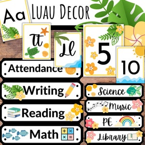 Hawaiian Classroom Decor Days of the Week Hawaii Numbers Schedule Cards and Hawaiian Alphabet for Luau Class Decor Teachers Back to School
