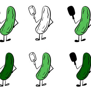 Funny Pickleball Pickle with a Paddle in 2 Green Shades Clip Art for Commercial Use PNG Files Transparent Outline