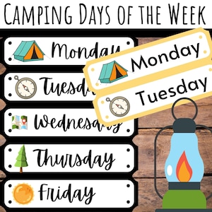 Décoration de salle de classe de camping avec mois de l'année, jours de la semaine et cartes d'horaire quotidien pour les enseignants. Étiquettes de décoration de classe pour la rentrée scolaire.