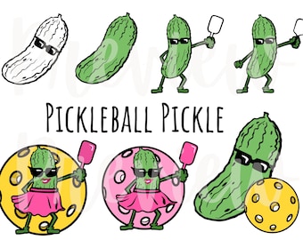Pickle Clip Art con Pickleball Ball e Paddle per uso commerciale File PNG di una ragazza e un ragazzo Pickle Player in Bundle di occhiali da sole