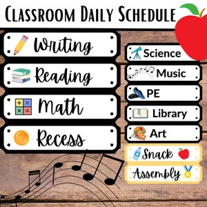 Bearbeitbar auf Canva Klassenzimmer-Zeitplankarten-Vorlage mit täglichem Stundenplan der Musikbibliothek und PE-Etiketten für Lehrer-Klassendekor