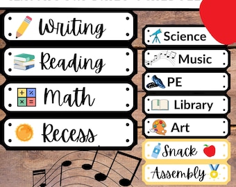 Editable on Canva Classroom Schedule Cards Template with Daily Schedule of Music Library and PE Labels for Teachers Class Decor