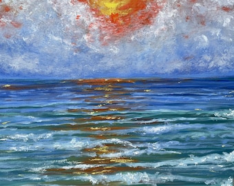Oil painting of blue ocean with gentle waves, calming beach, sun setting over water, white clouds, 18x 24 inches, unframed.