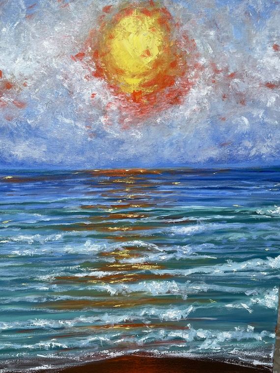 【S12号】good blue(portrait_s) oil painting Oil Painting of Blue Ocean With Gentle Waves, Calming Beach
