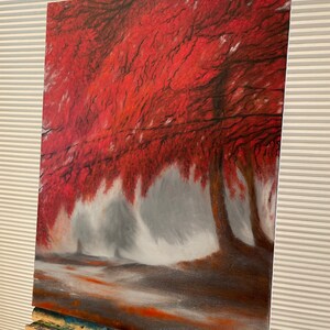 May include: A painting of a foggy forest scene with red trees and a light gray path. The painting is signed "Faniba Farrooni 2019" in the bottom right corner.