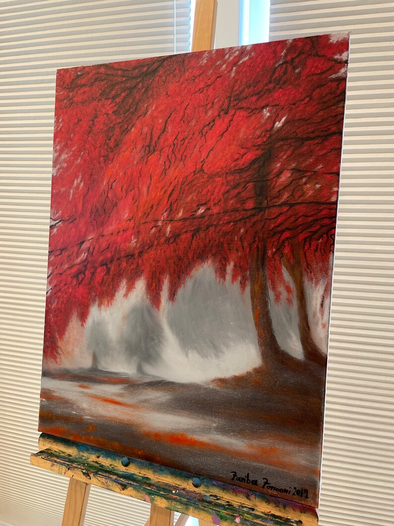 May include: A painting of a foggy forest scene with red trees and a light gray path. The painting is signed "Faniba Farrooni 2019" in the bottom right corner.
