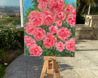 Textured Pink Rose Bush Oil Painting on Canvas (14x18 In, Unframed