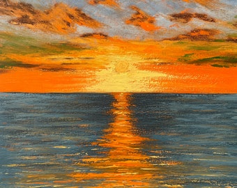 Oil painting of a sunset over the ocean , 18x24 inches, unframed